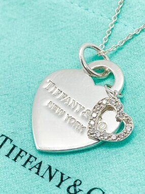 Tiffany & Co. New York Diamond Double Heart Pendant Necklace Sterling Silver 16"